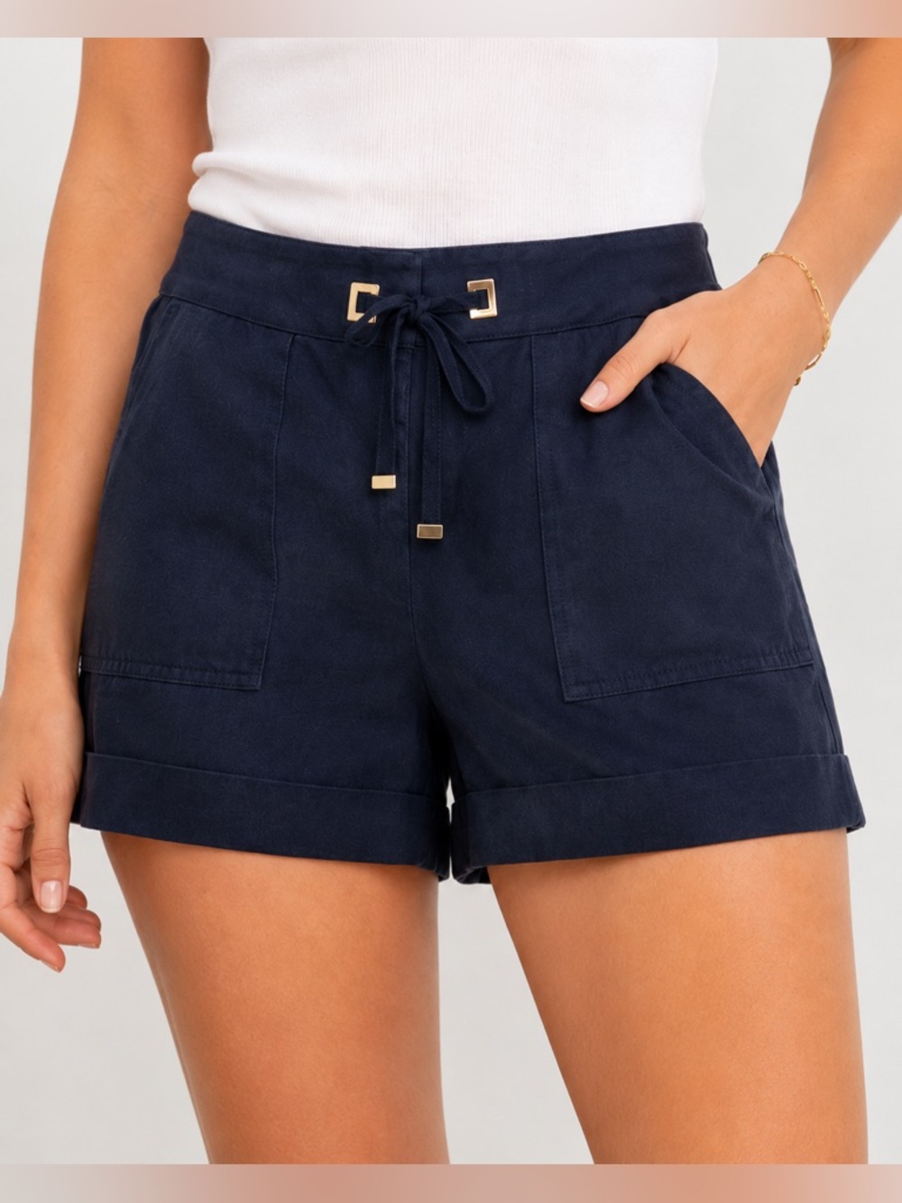 White House Black Market Navy Faux Drawstring Cuffed Shorts